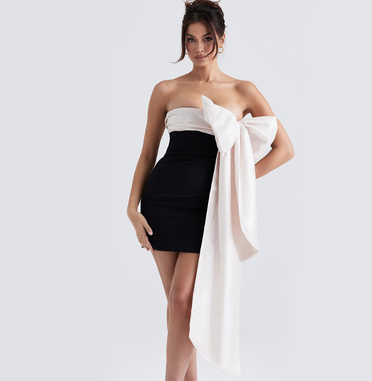Sexy Mini Party Kleid in Schwarz Weiß mit Schleife