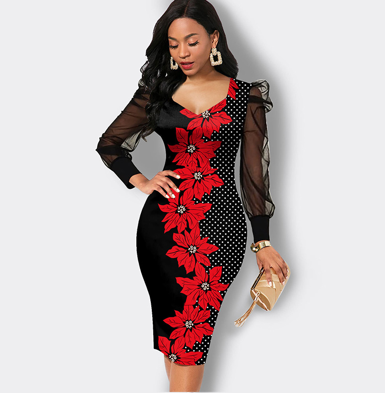 Langarm Bleistift Kleid Elegant mit Tüll Ärmel in Schwarz mit Rote Blumen