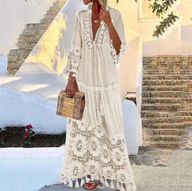 Boho Style Sommerkleid Lang mit Spitze in Beige bis 4XL