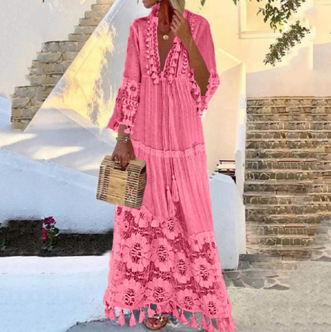 Boho Style Sommerkleid Lang mit Spitze in Pink bis 4XL