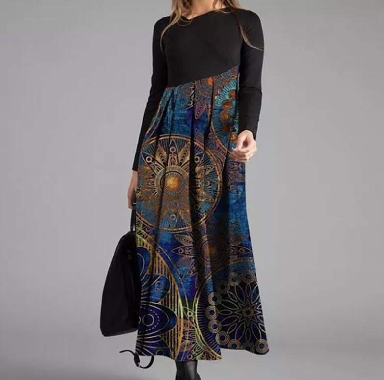  A Linie Langarm Kleid Aliy Elegant mit Vintage Muster