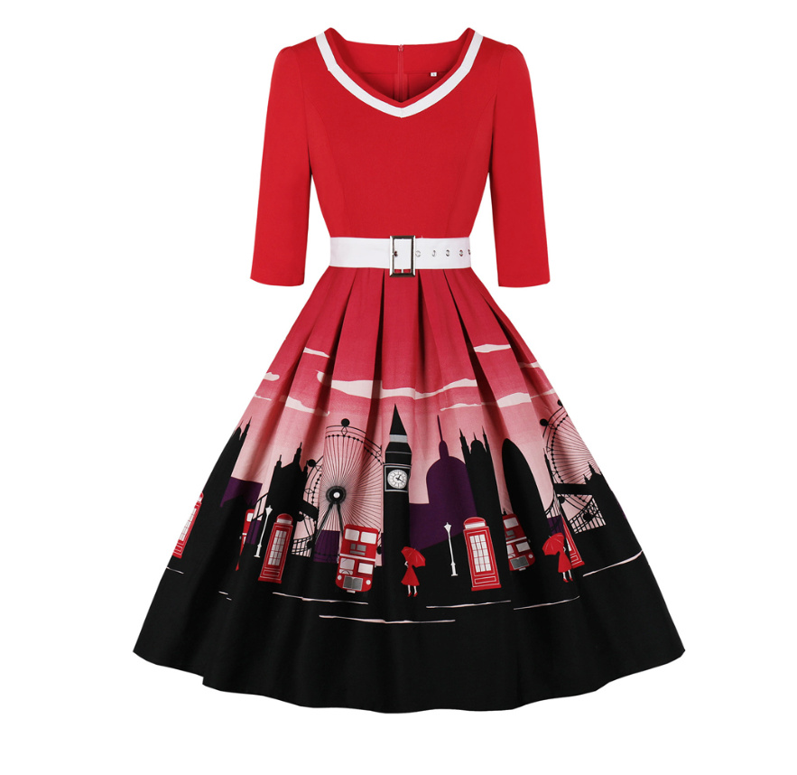 50 er Rockabilly Plisse Print Kleid mit Motive in Rot