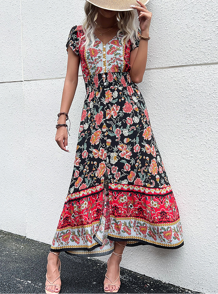 Boho Style Kurzarm Sommerkleid Lang in Schwarz mit Blumenmuster und Knöpfe