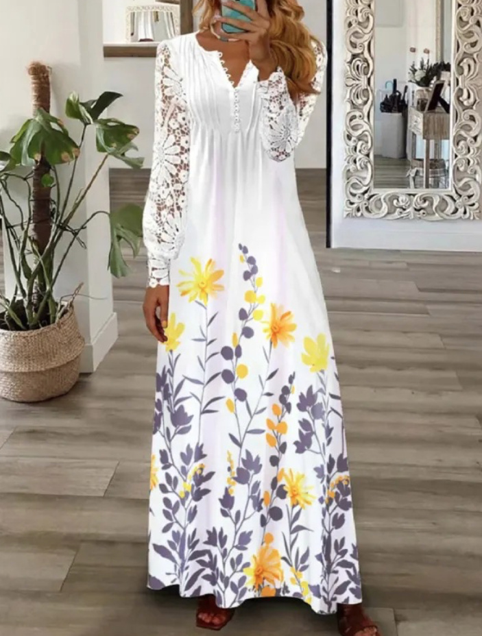 Langarm Maxi Sommerkleid mit Spitzen Ärmel in Weiß mit Gelbe Blumen
