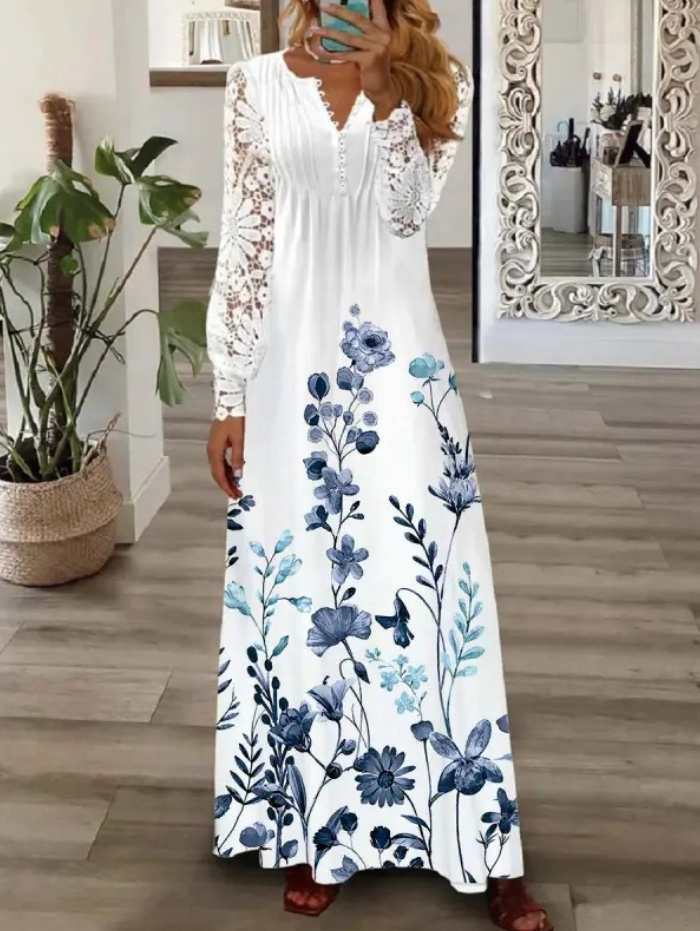 Langarm Maxi Sommerkleid mit Spitzen Ärmel in Weiß mit Blaue Blumen