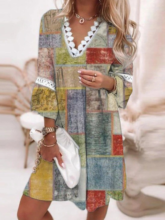 Kurzes Hängerchen Sommerkleid Arwen mit V Ausschnitt Karo Muster
