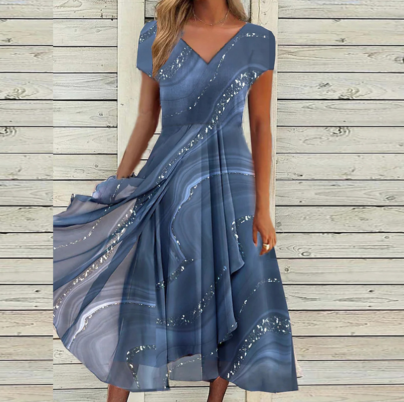 A-Linie Chiffon Kurzarm Sommerkleid Elegant Wadenlang in Blau