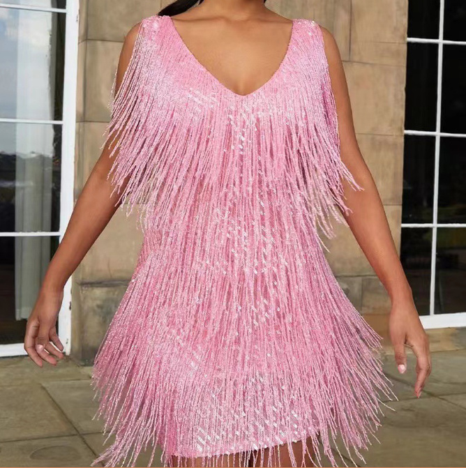 Sexy Mini Pailletten Party Kleid in Rosa mit V Ausschnitt