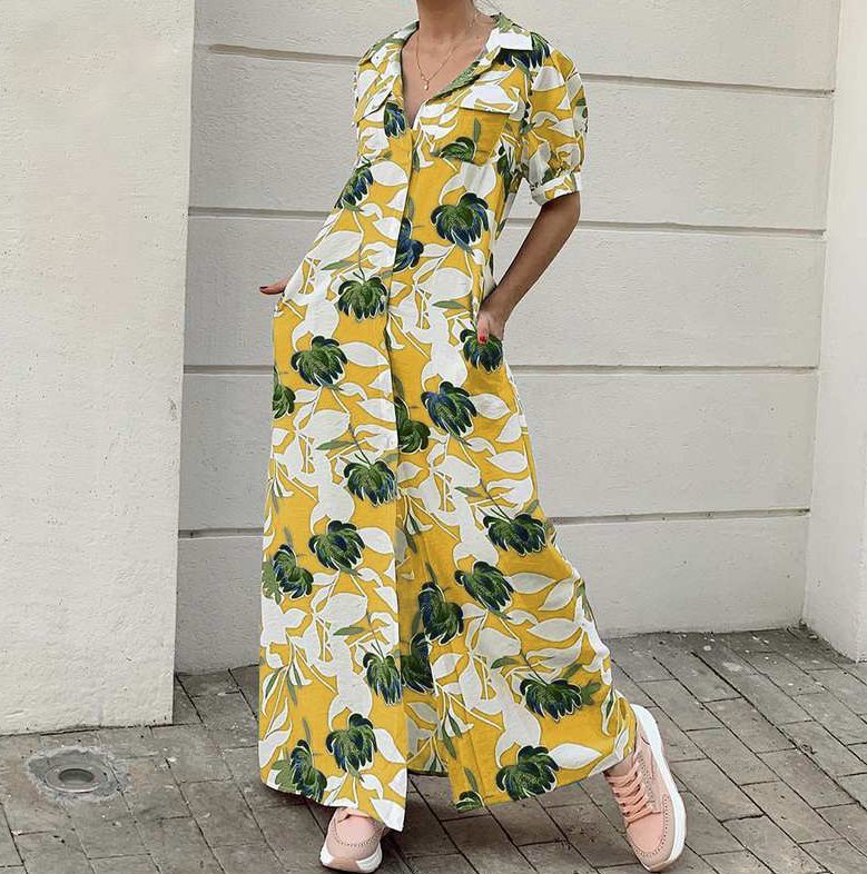 A-Linie Urlaub Sommerkleid mit Kurzarm in Gelb Blumenmuster