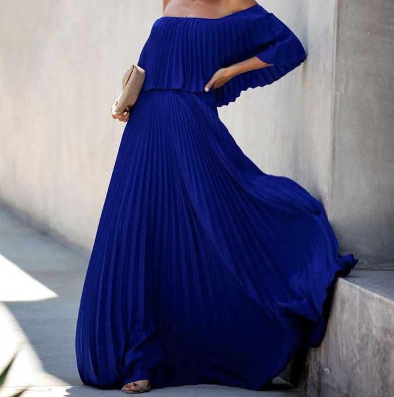Schulterfreies Plissee Maxi Kleid Aliya Elegant in Navyblau Lang