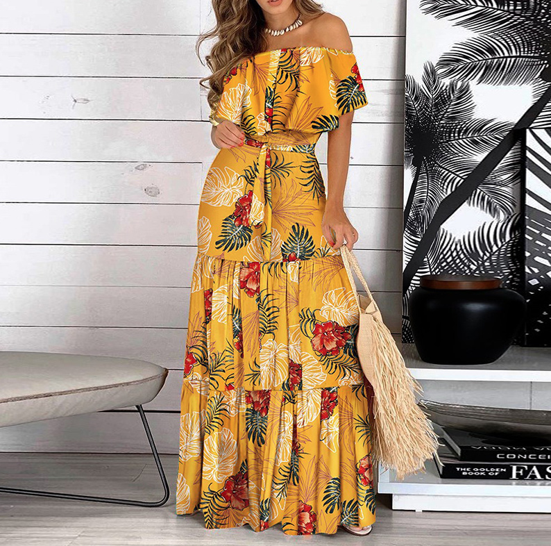 Schulterfreies Plissee Maxi Kleid Aliya Elegant in Gelb Lang mit Palmen