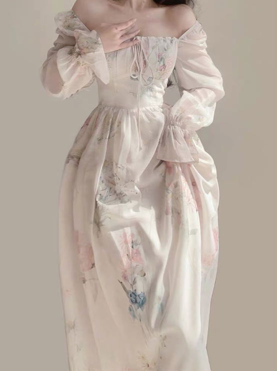 Langarm Chiffon Kleid Elegant in Weiß mit Blumenmuster Lang