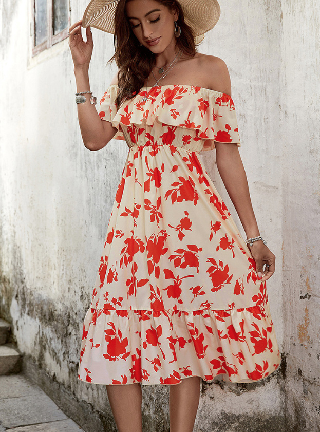 Schulterfreies Maxi Sommerkleid mit Rüschen und Blumenmuster Weiß Rot
