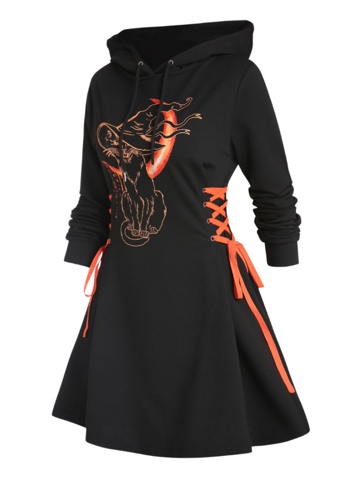 A Linie Langarm Shirt Kleid mit Hexen Print und Hoodie Schwarz