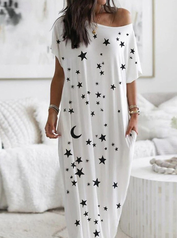 One Shoulder Sommerkleid in Weiß mit Sternen Muster